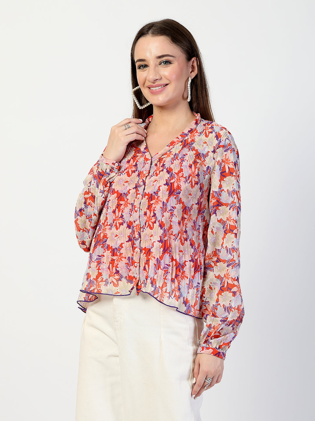Printed Bishop Sleeves Chiffon Pleated Top - Cosmic Trio