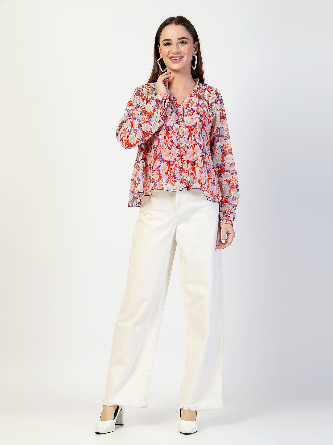 Printed Bishop Sleeves Chiffon Pleated Top - Cosmic Trio