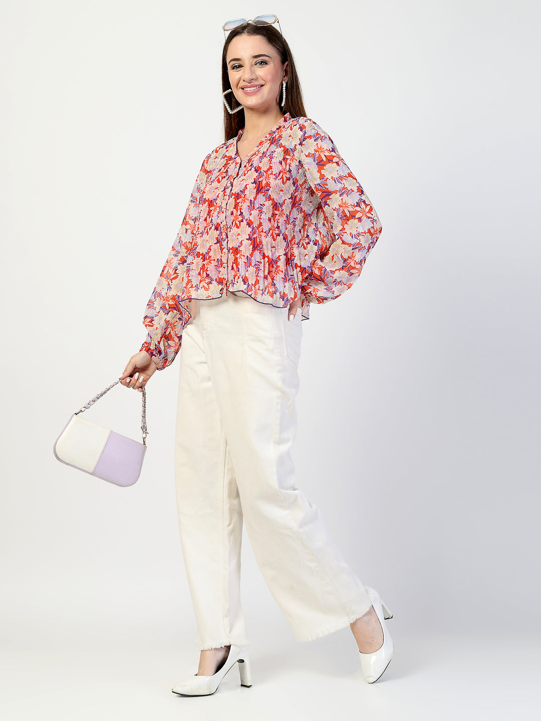 Printed Bishop Sleeves Chiffon Pleated Top - Cosmic Trio
