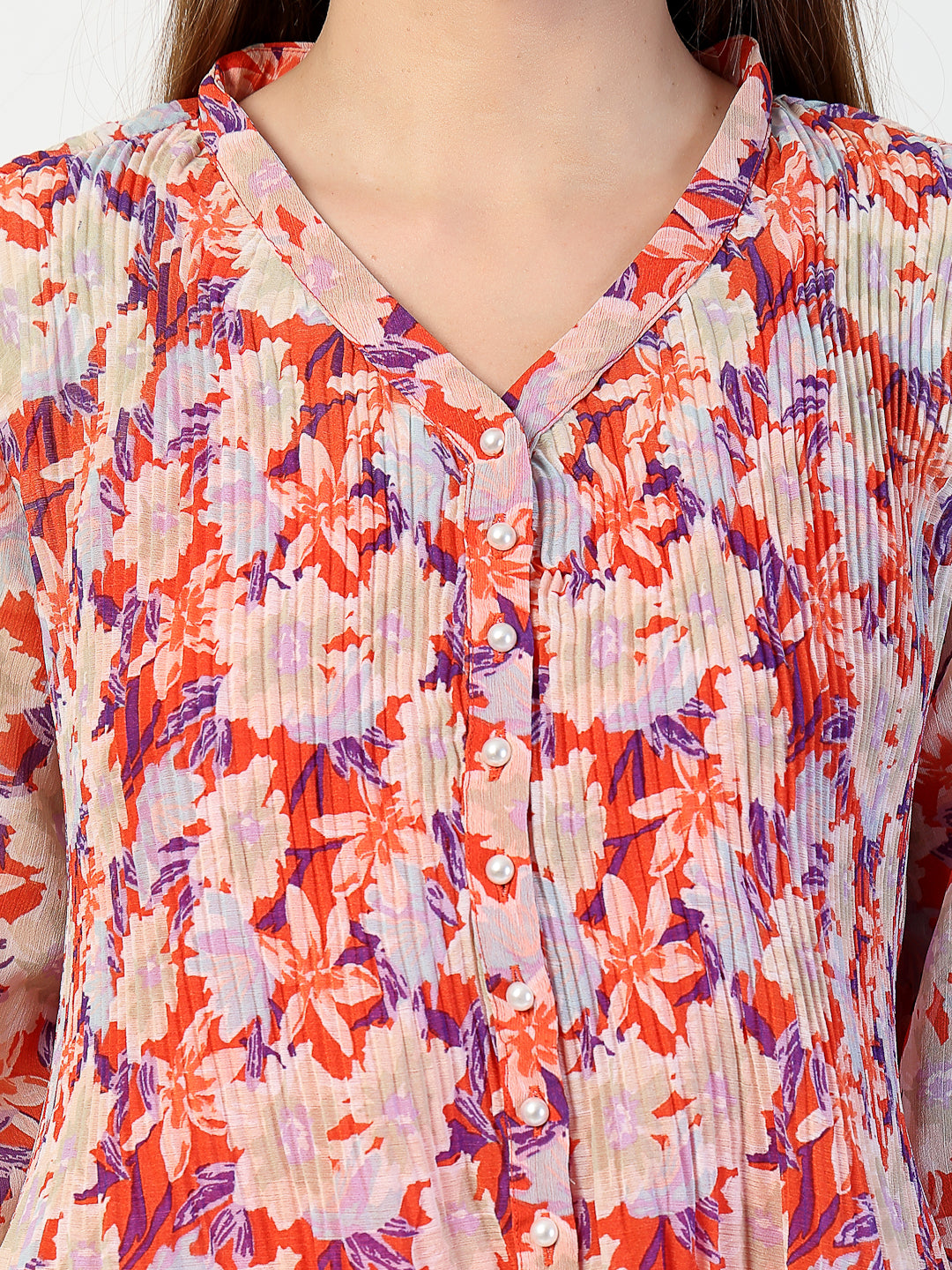 Printed Bishop Sleeves Chiffon Pleated Top - Cosmic Trio