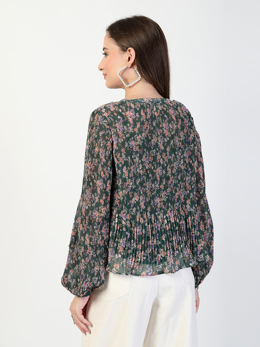 Floral Print Chiffon Pleated Top - Cosmic Trio