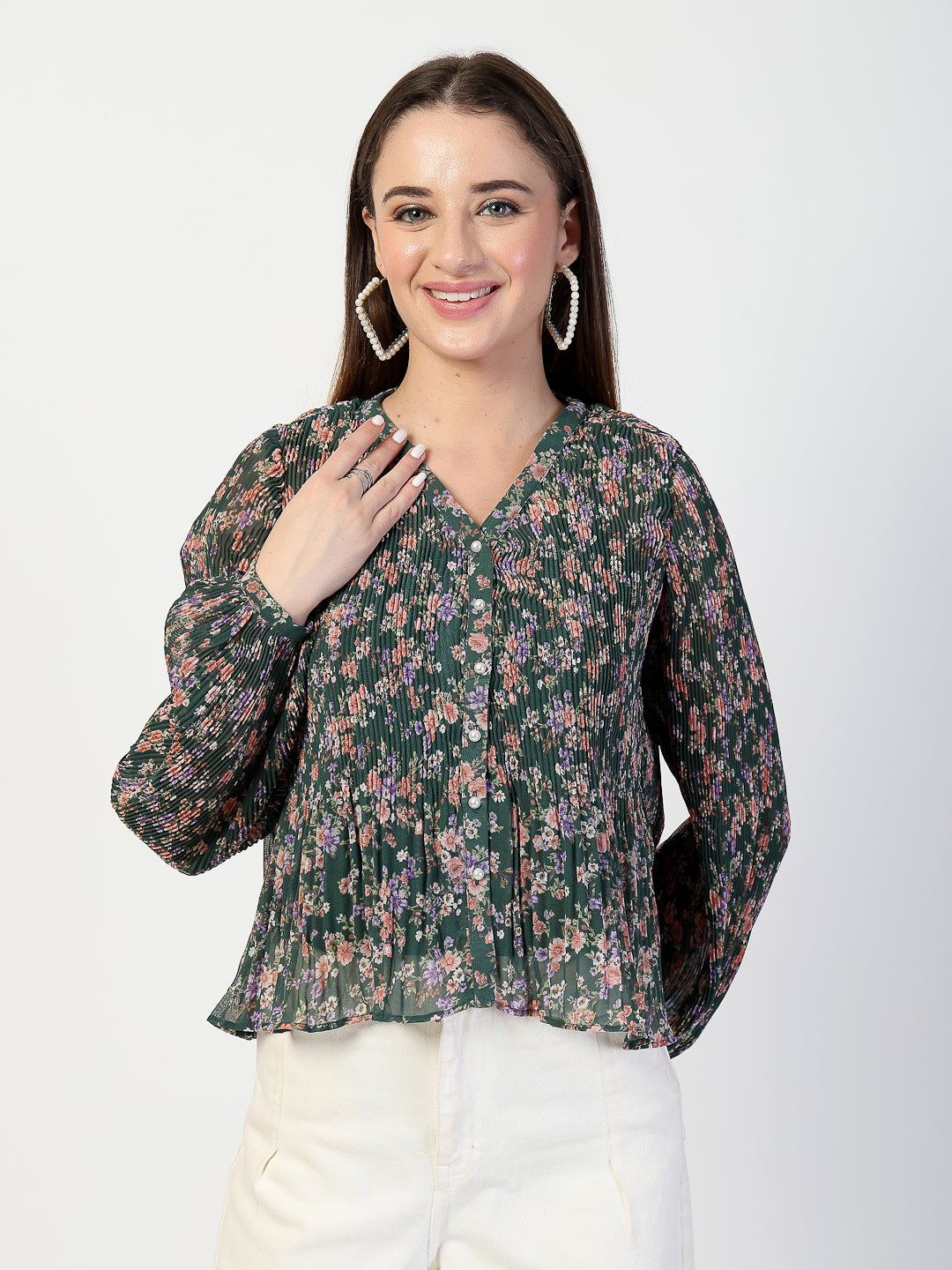 Floral Print Chiffon Pleated Top - Cosmic Trio