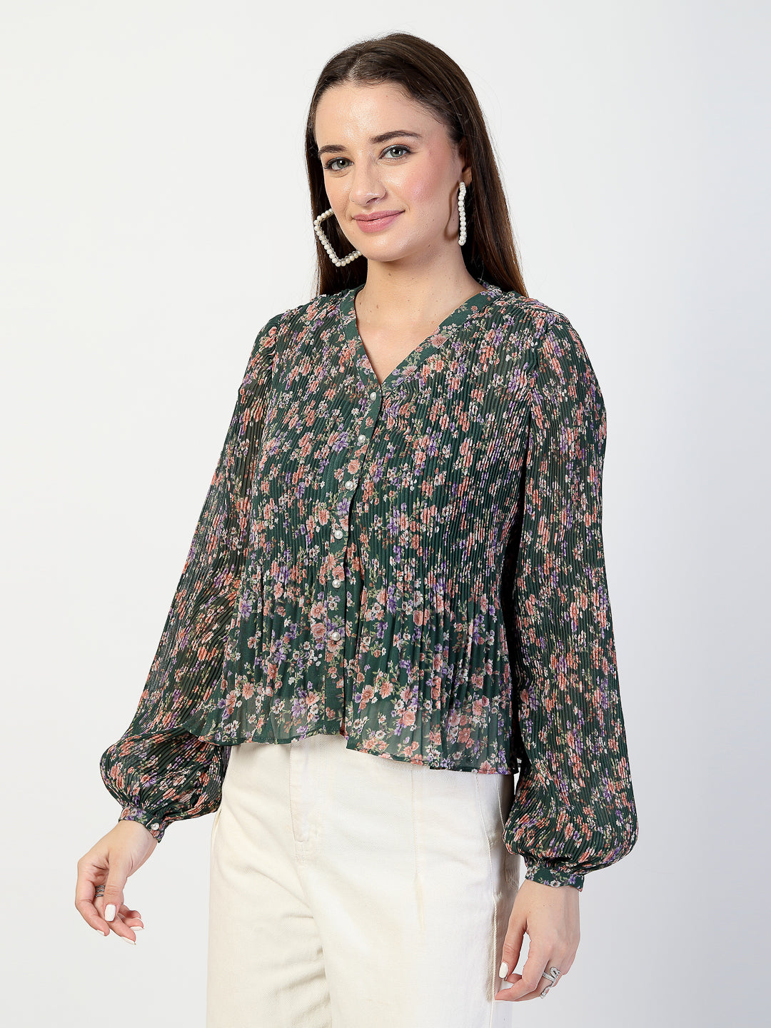 Floral Print Chiffon Pleated Top - Cosmic Trio