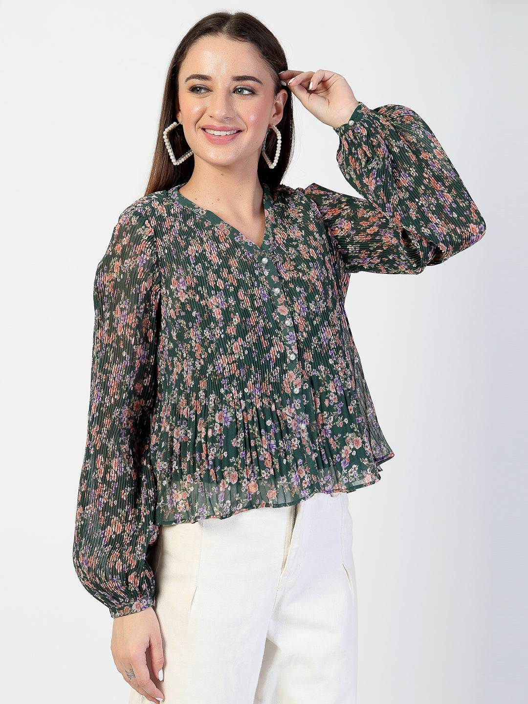 Floral Print Chiffon Pleated Top - Cosmic Trio