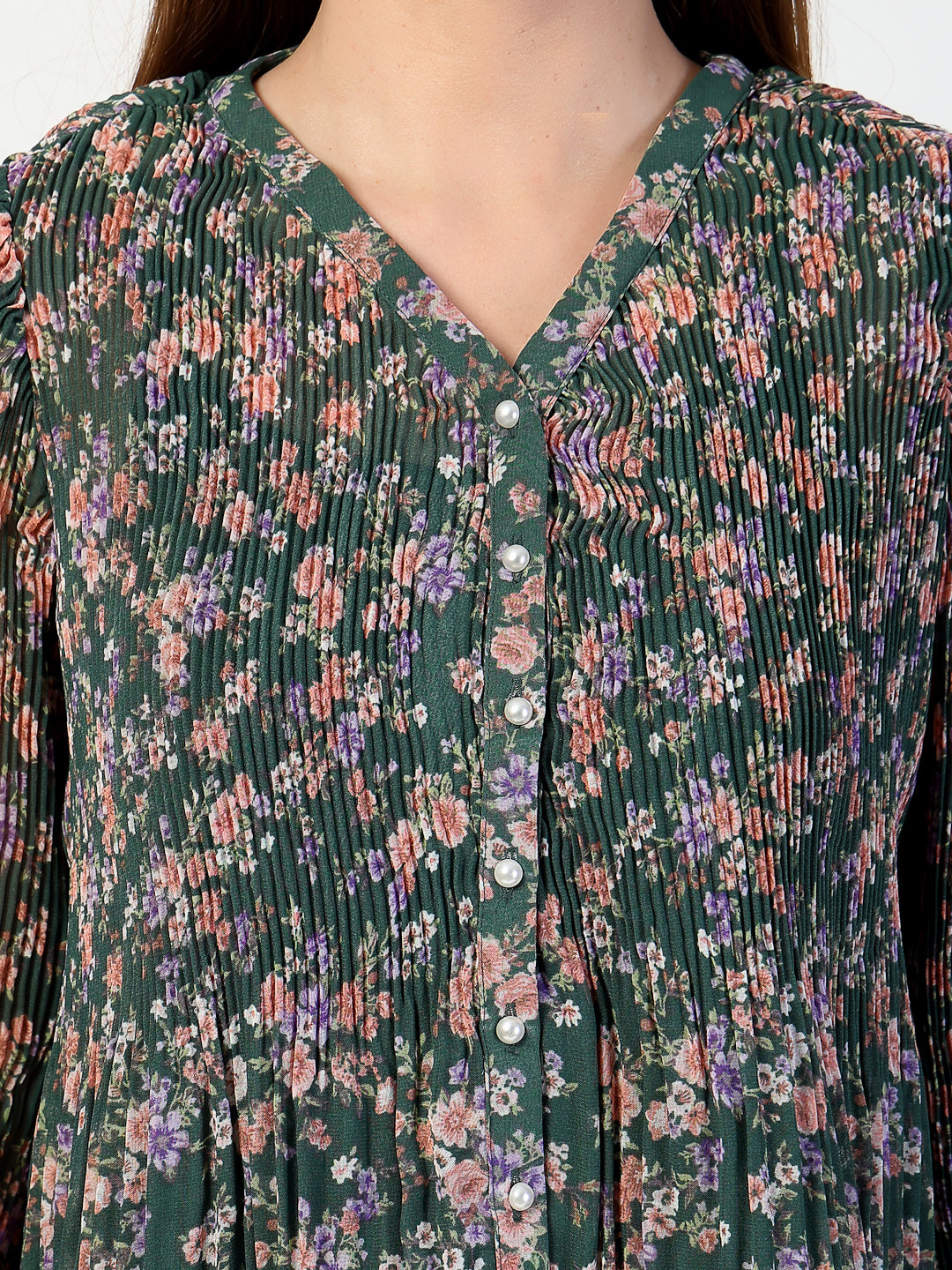 Floral Print Chiffon Pleated Top - Cosmic Trio