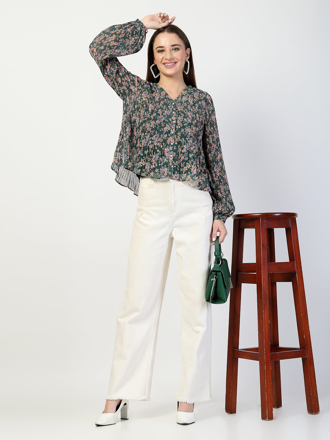 Floral Print Chiffon Pleated Top - Cosmic Trio