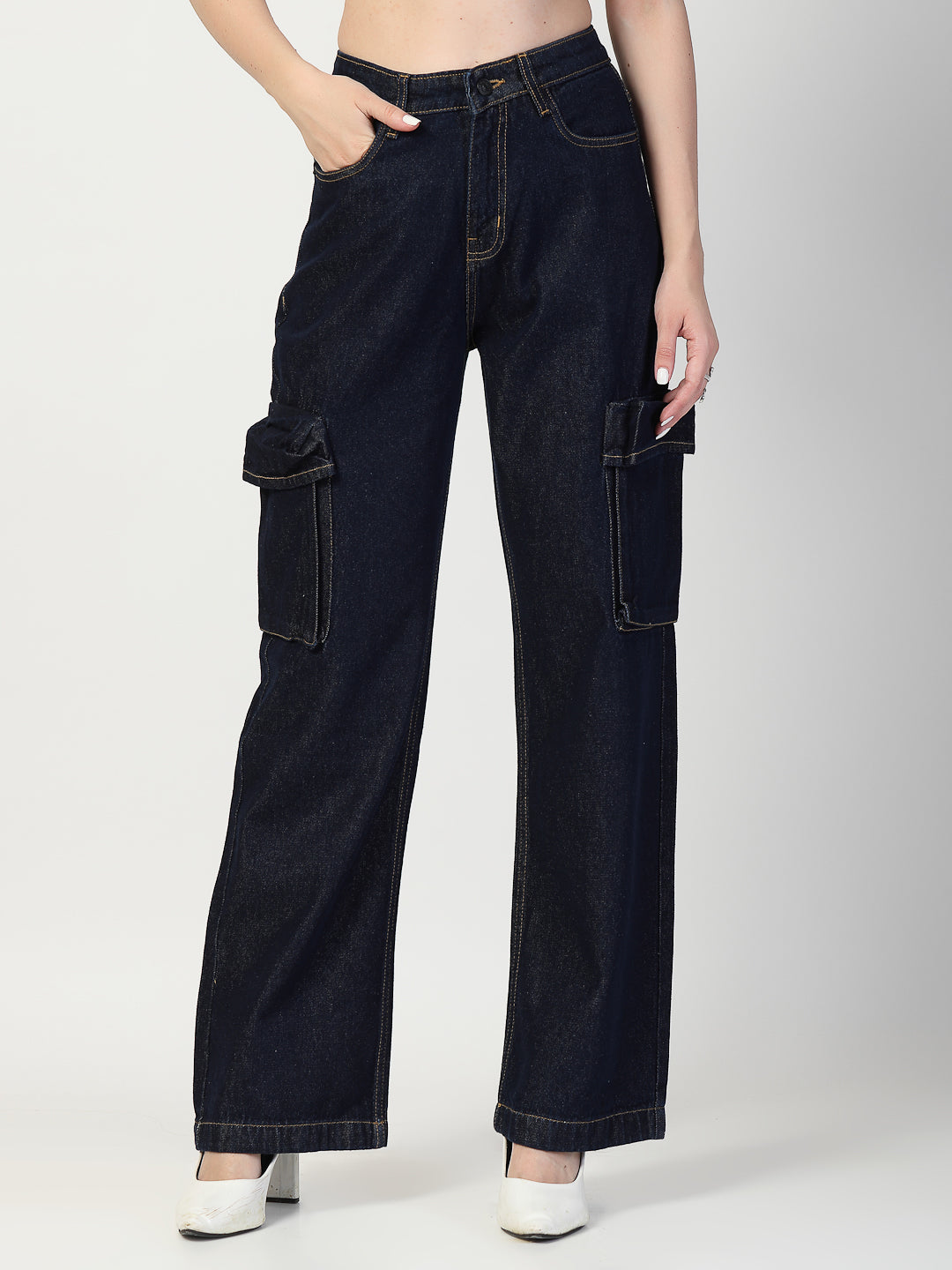 Dark Indigo Relaxed Straight Fit Cargo Jeans - Cosmic Trio