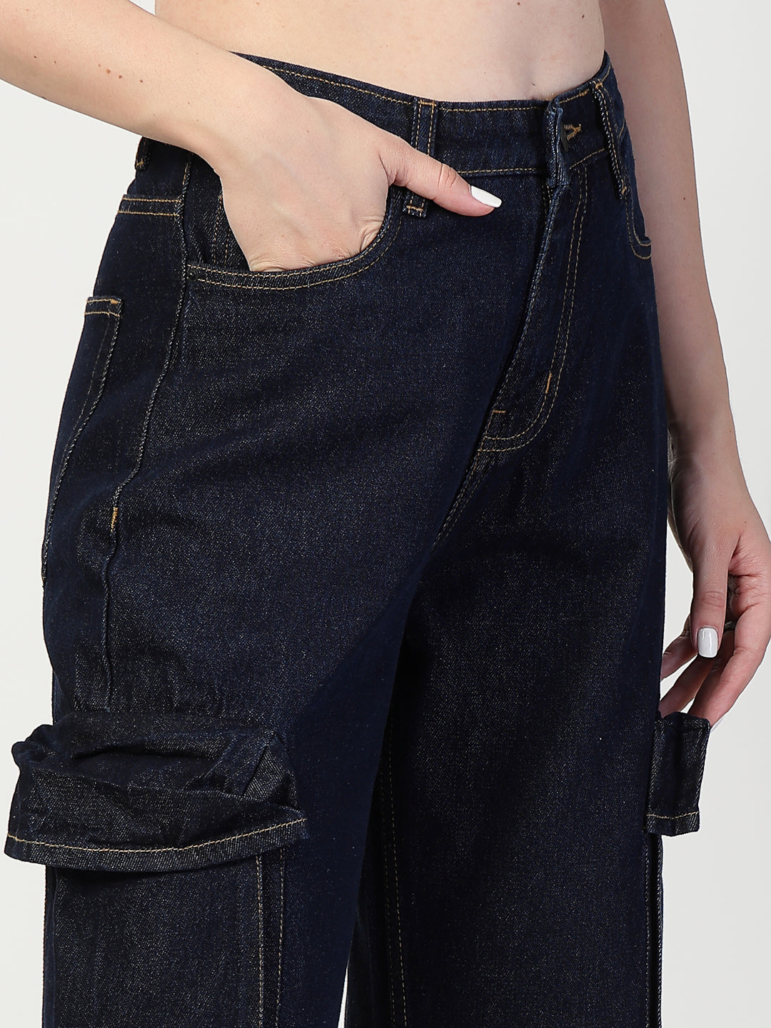 Dark Indigo Regular Fit Cargo Denim Jeans Women