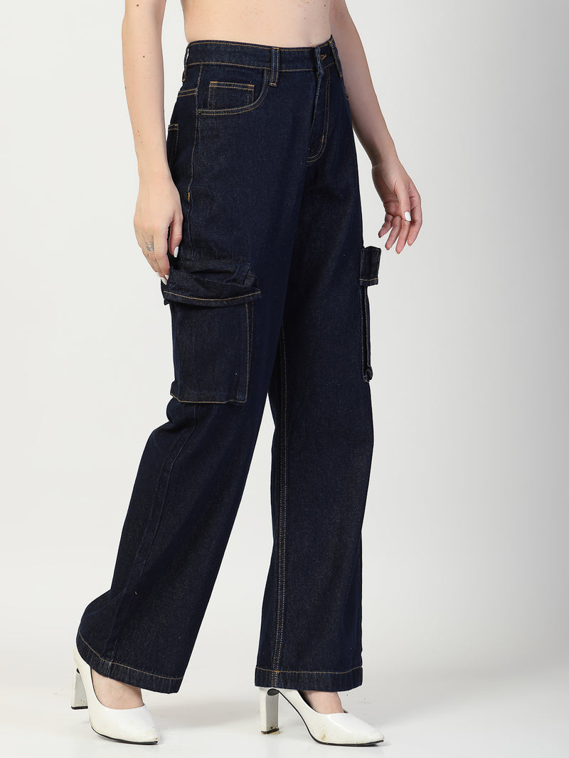 Dark Indigo Regular Fit Cargo Denim Jeans Women