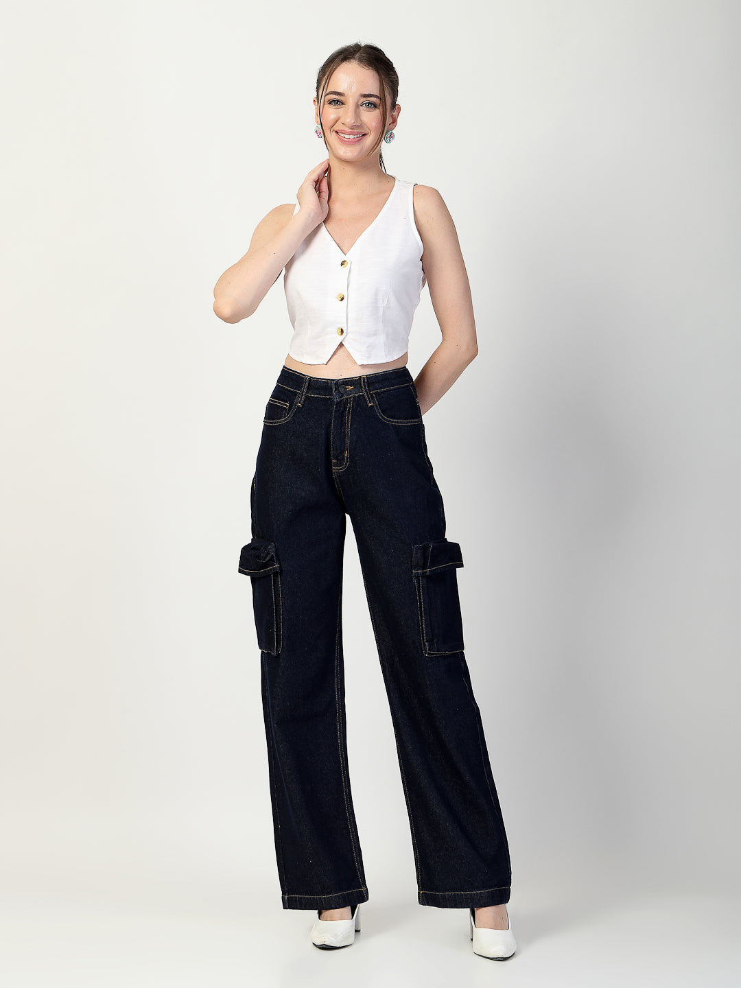 Dark Indigo Relaxed Straight Fit Cargo Jeans - Cosmic Trio