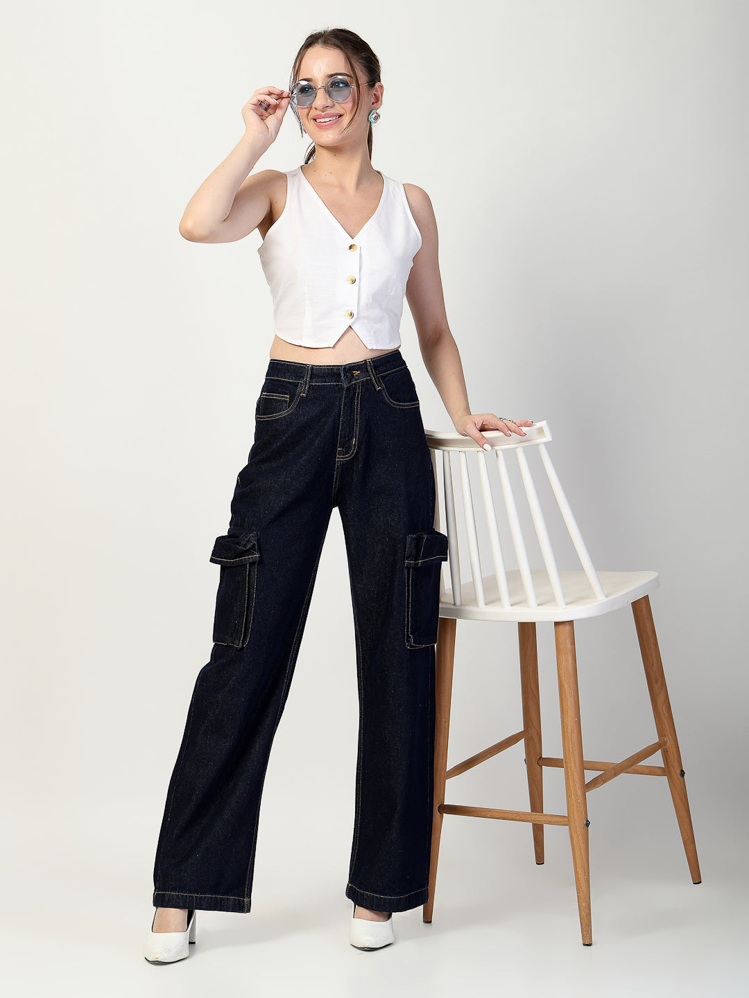 Dark Indigo Relaxed Straight Fit Cargo Jeans - Cosmic Trio