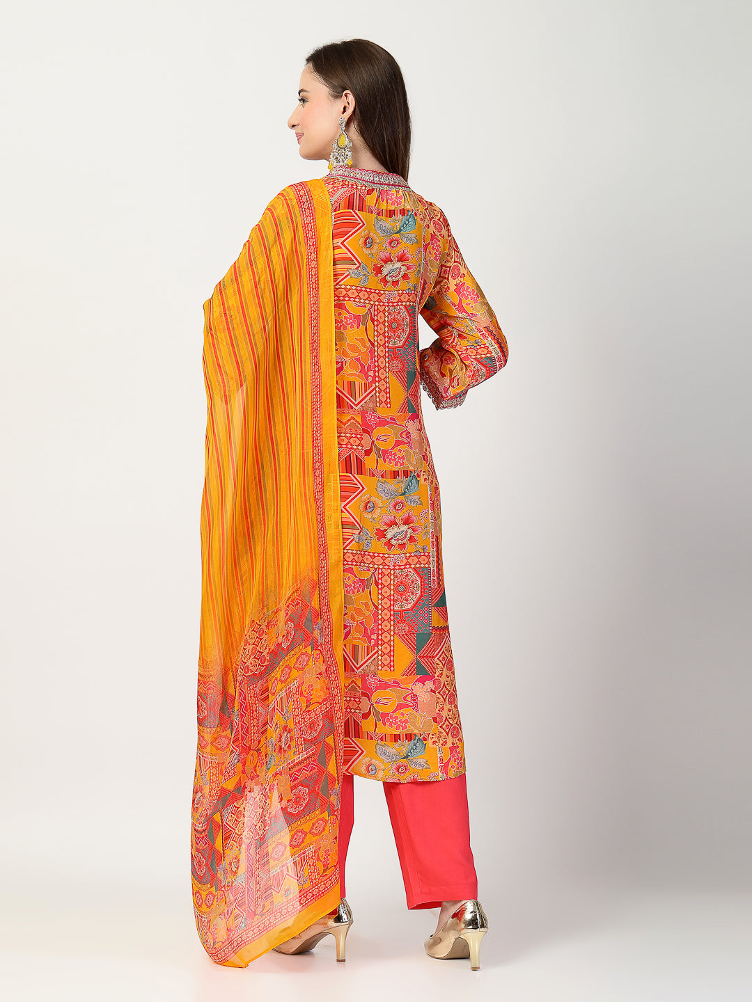Vibrant Yellow Printed Kurta Trouser Set with Dupatta - Cosmic Trio