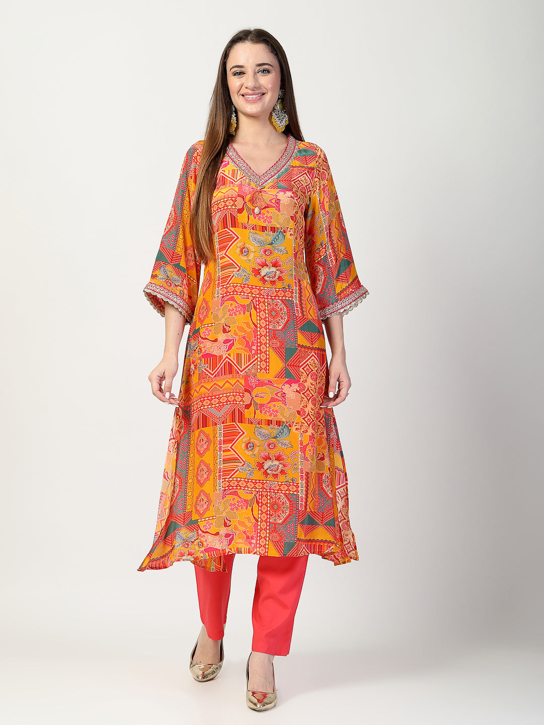 Vibrant Yellow Printed Kurta Trouser Set with Dupatta - Cosmic Trio