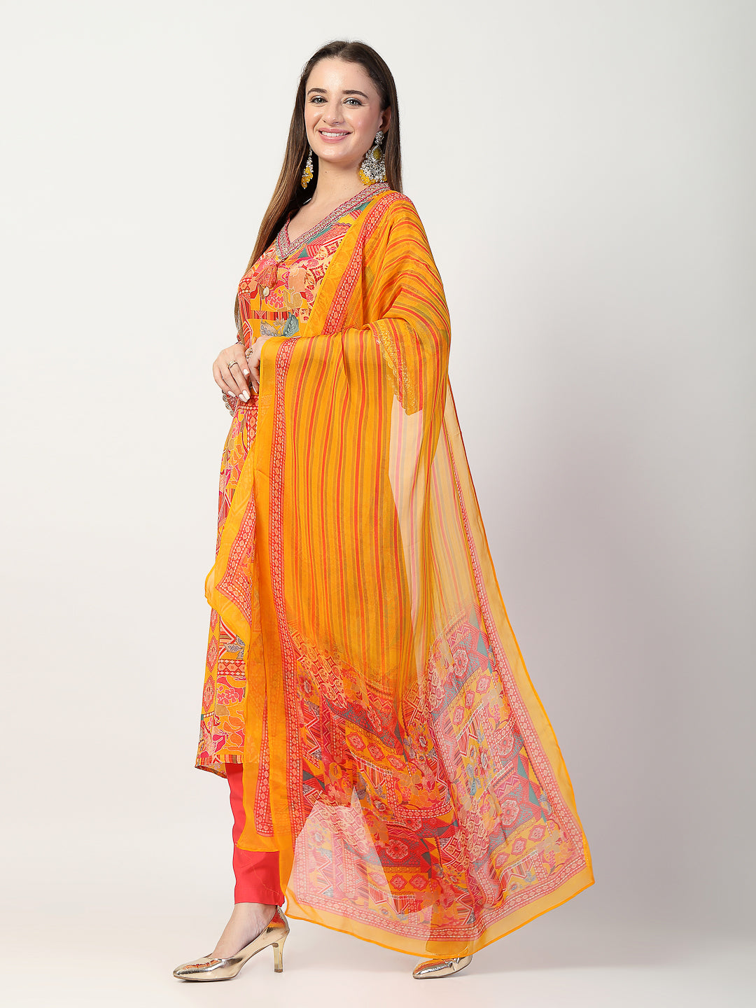 Vibrant Yellow Printed Kurta Trouser Set with Dupatta - Cosmic Trio