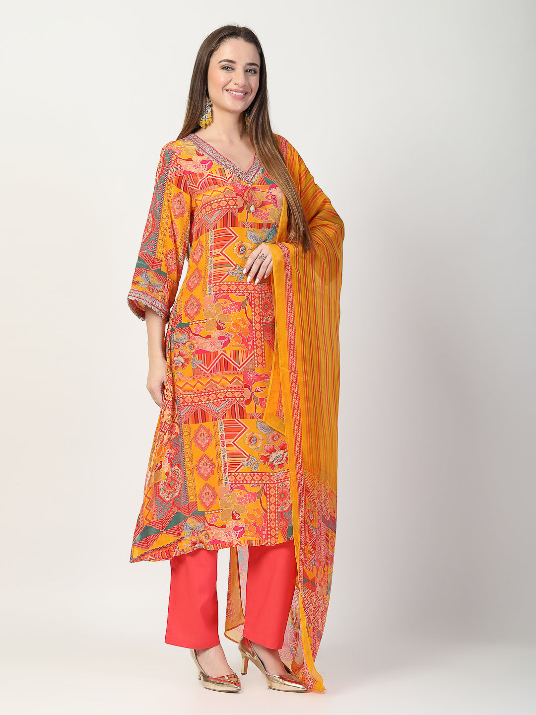 Vibrant Yellow Printed Kurta Trouser Set with Dupatta - Cosmic Trio