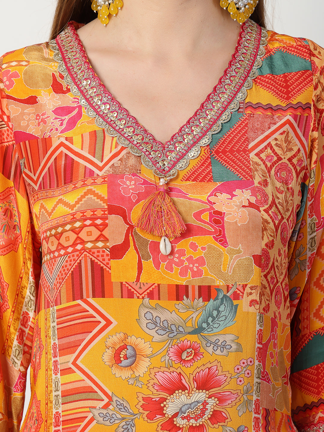 Vibrant Yellow Printed Kurta Trouser Set with Dupatta - Cosmic Trio