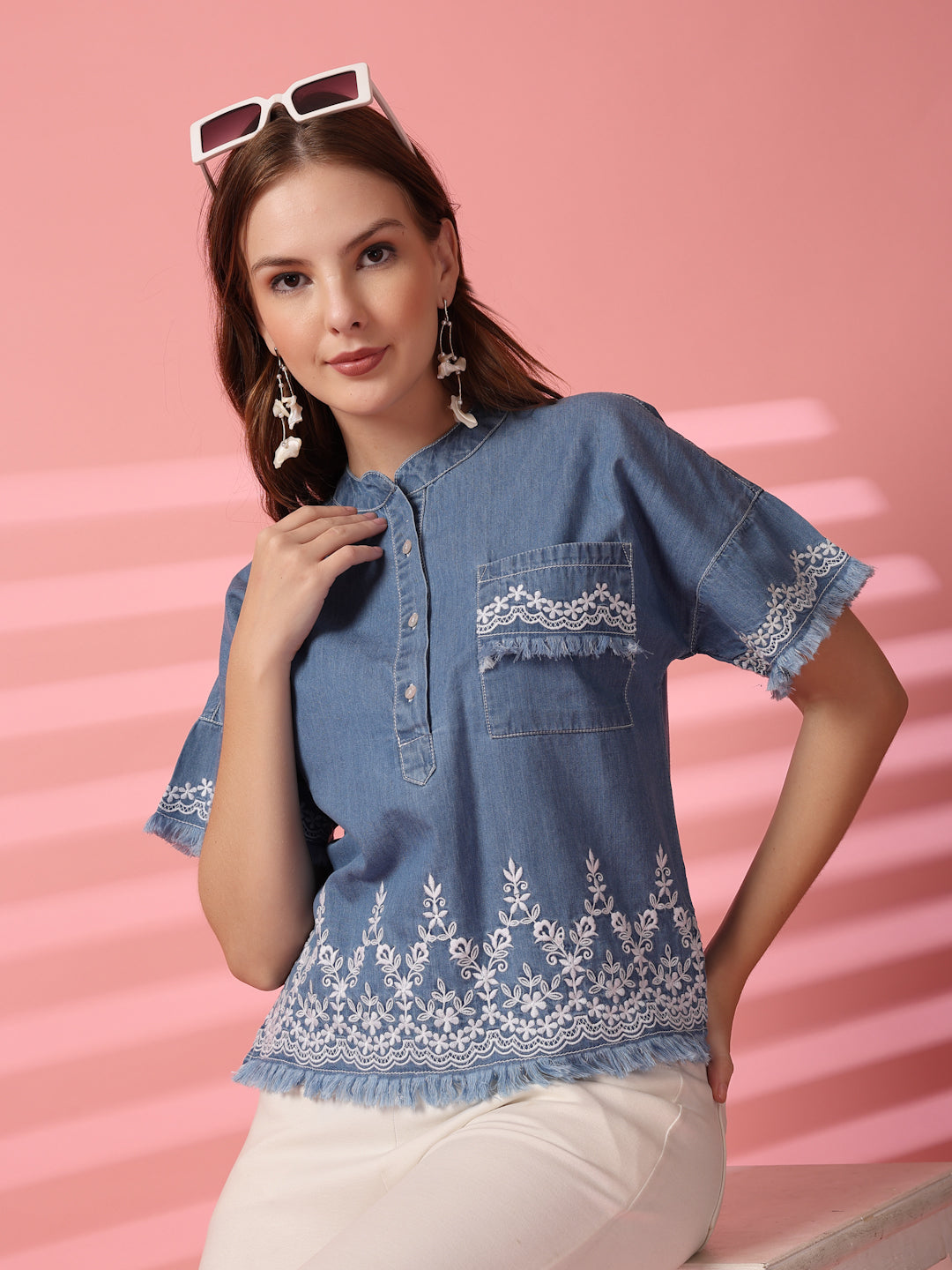 Embroidered Denim Top with Frayed Sleeves