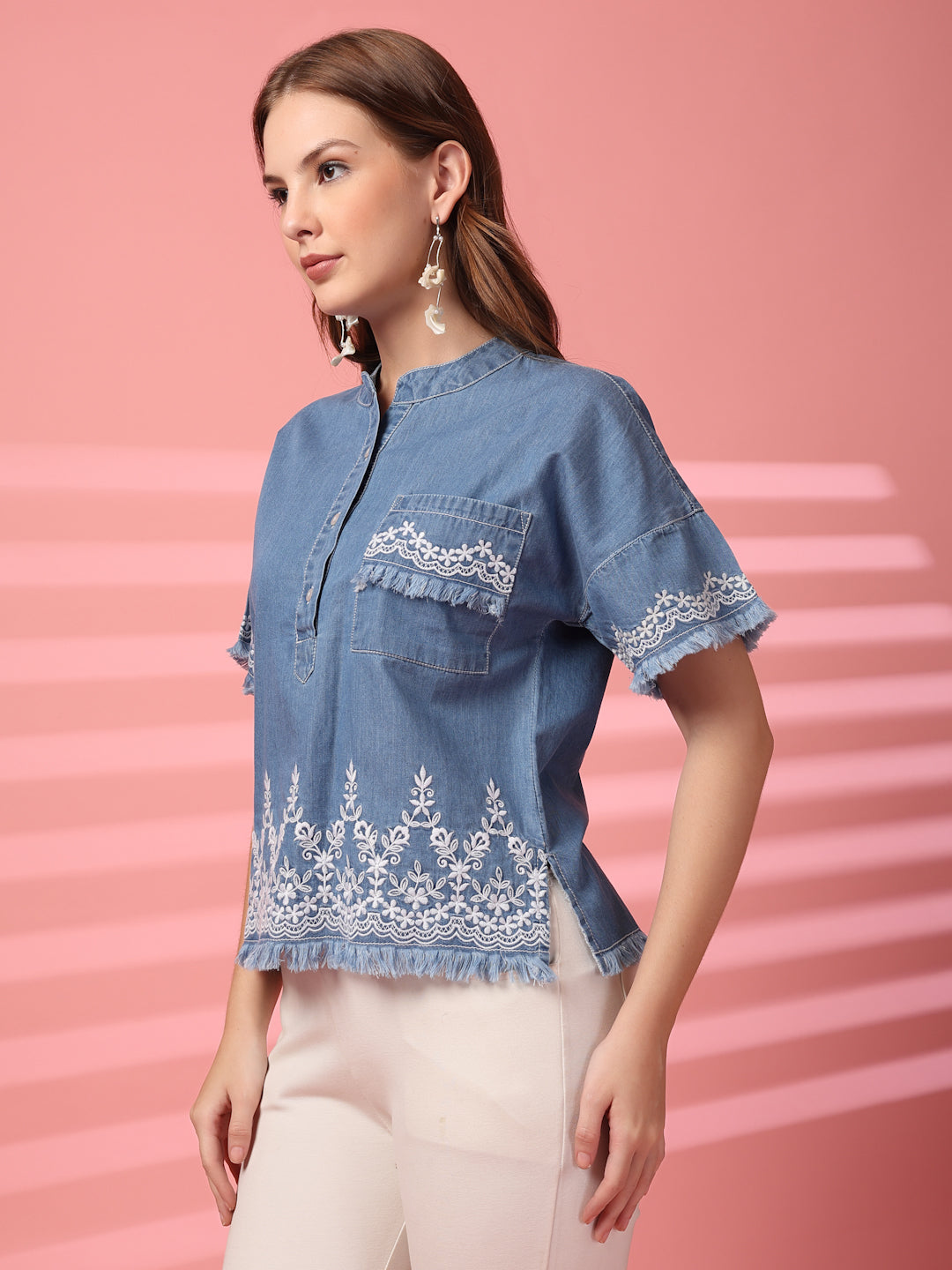 Embroidered Denim Top with Frayed Sleeves