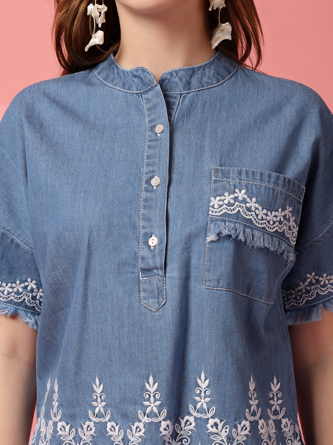 Embroidered Denim Top with Frayed Sleeves