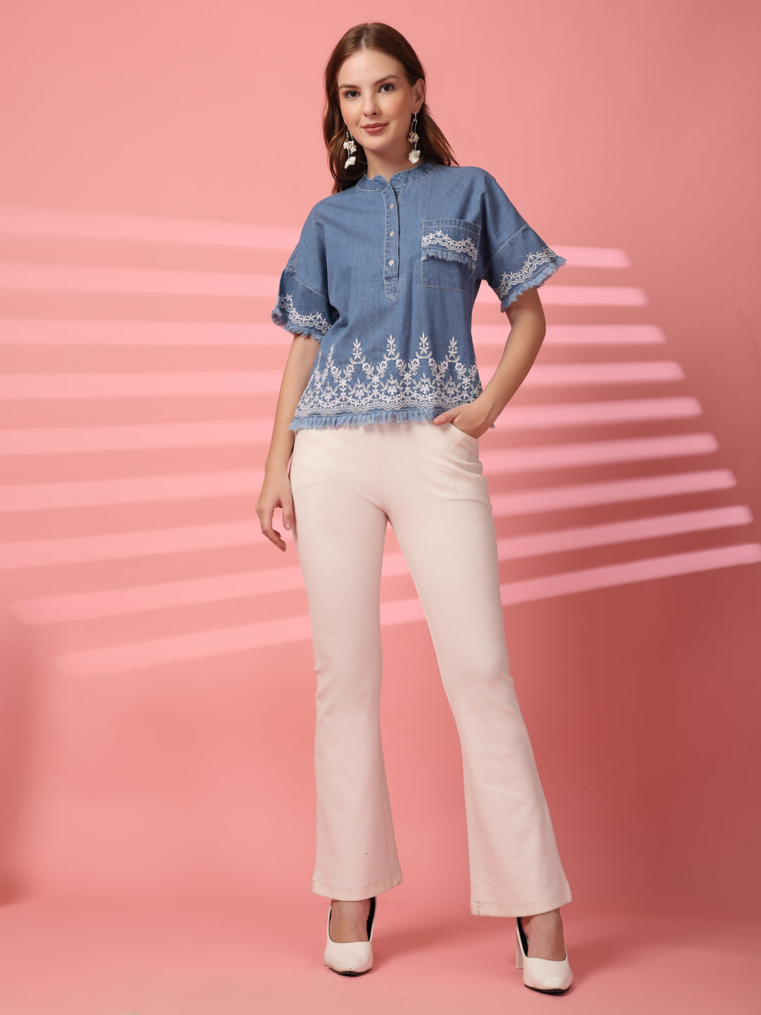 Embroidered Denim Top with Frayed Sleeves