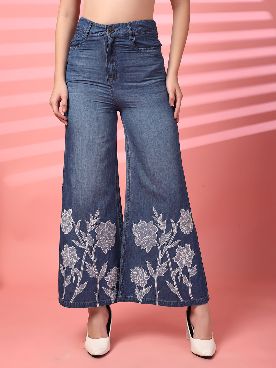 Embroidered Floral Wide-Leg Denim Jeans