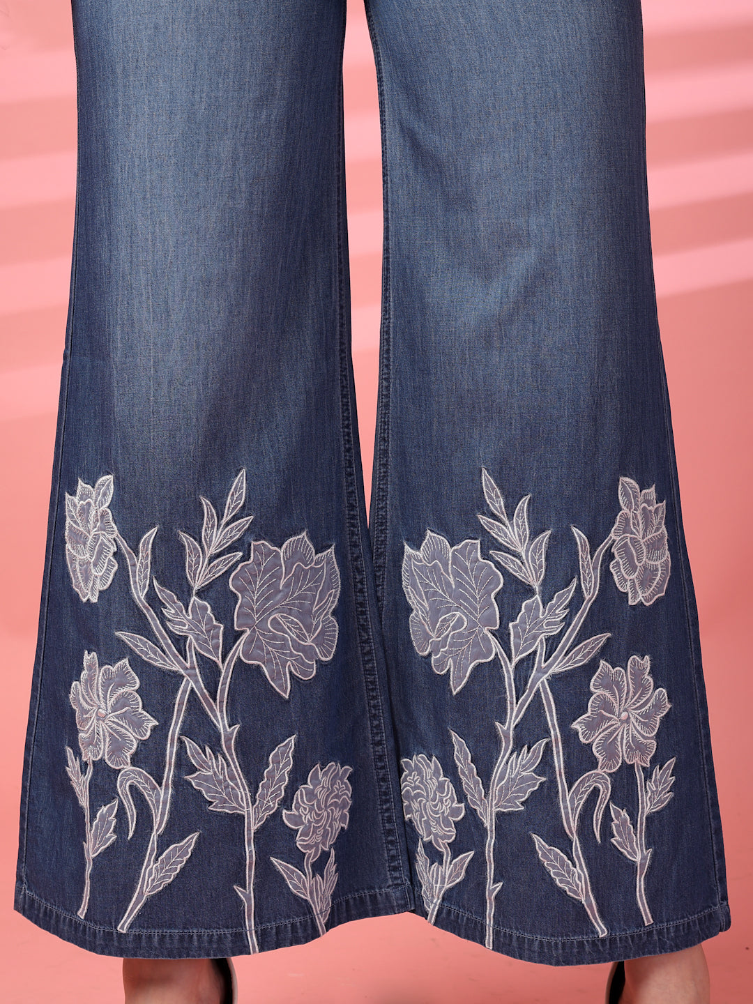 Embroidered Floral Wide-Leg Denim Jeans