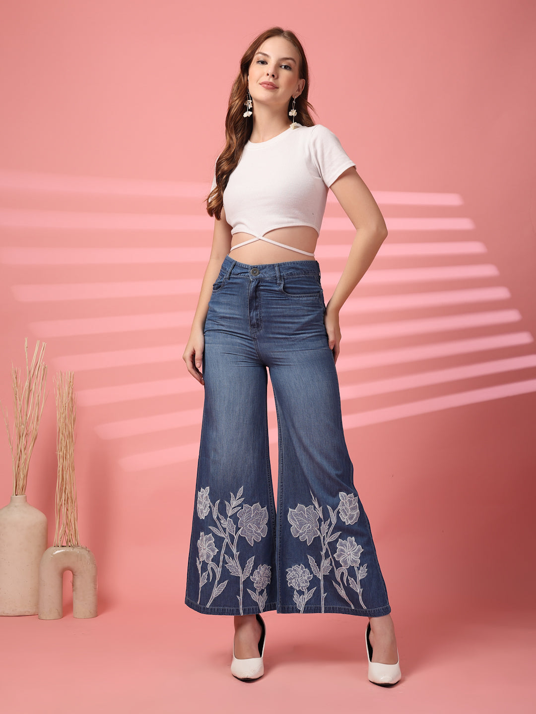 Embroidered Floral Wide-Leg Denim Jeans
