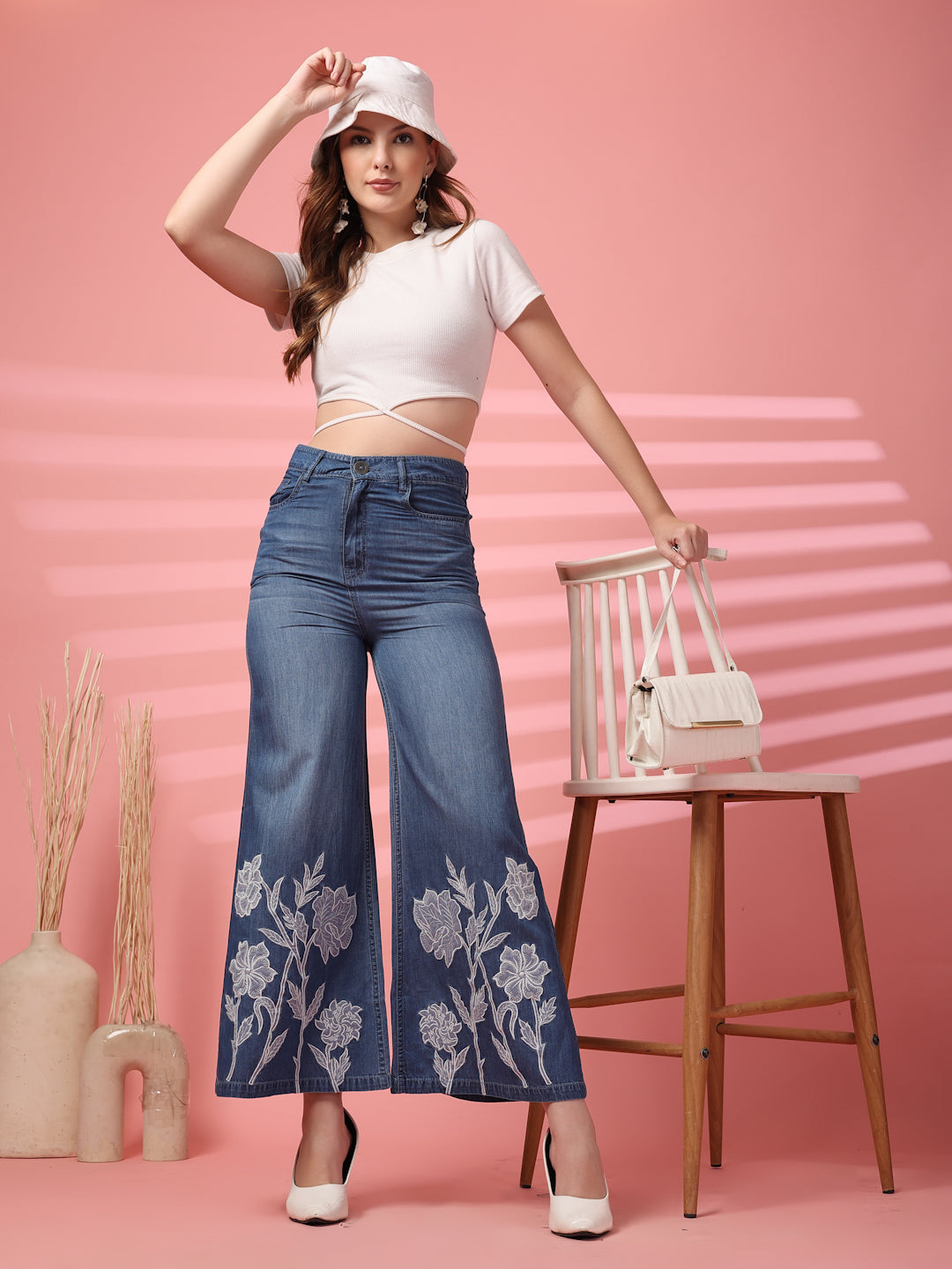 Embroidered Floral Wide-Leg Denim Jeans