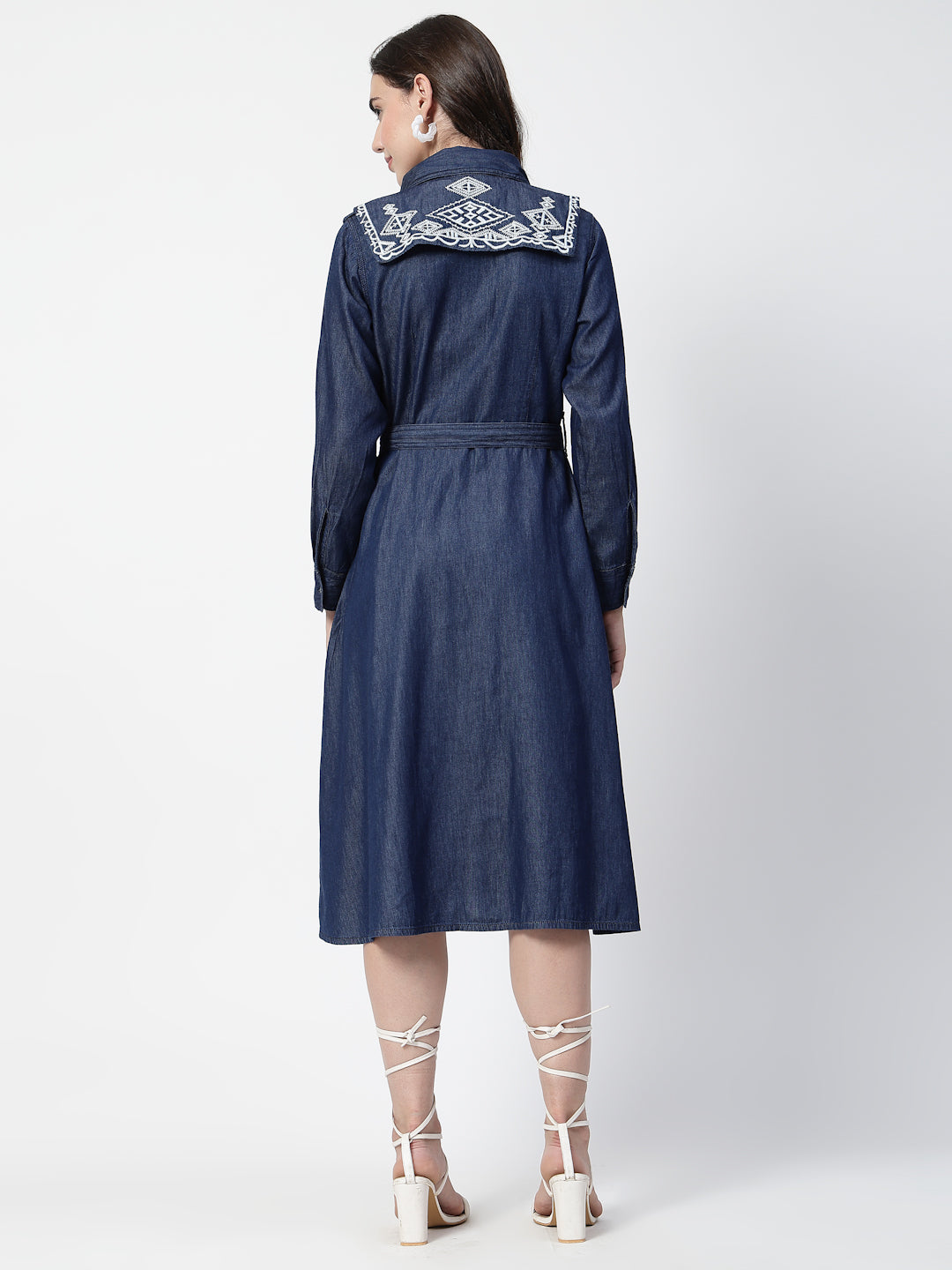 Ethnic Motifs Embroidered Denim Shirt Midi Dress
