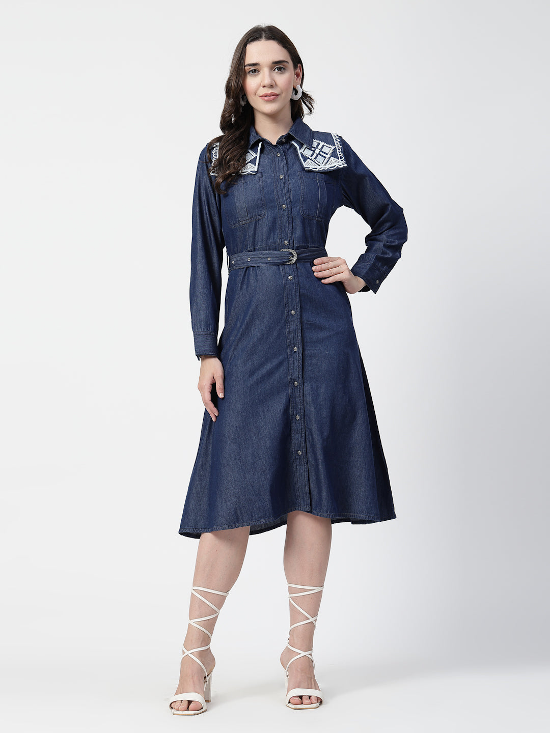 Ethnic Motifs Embroidered Denim Shirt Midi Dress