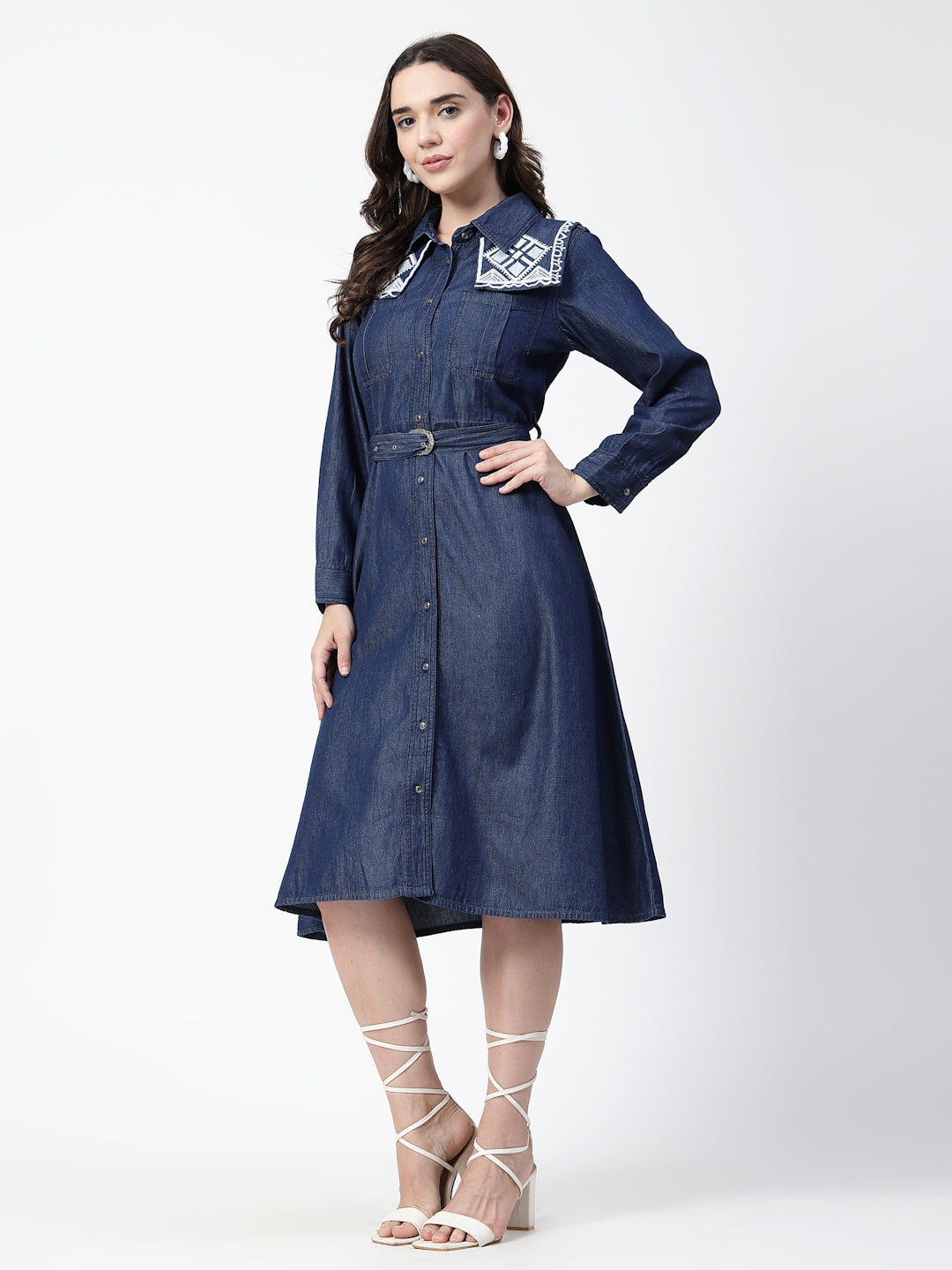Ethnic Motifs Embroidered Denim Shirt Midi Dress