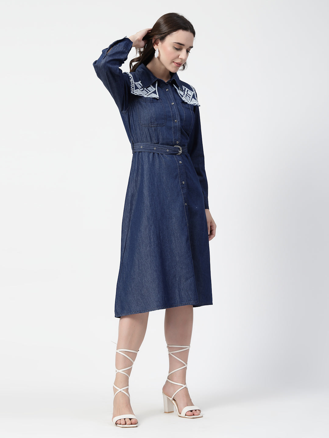 Ethnic Motifs Embroidered Denim Shirt Midi Dress