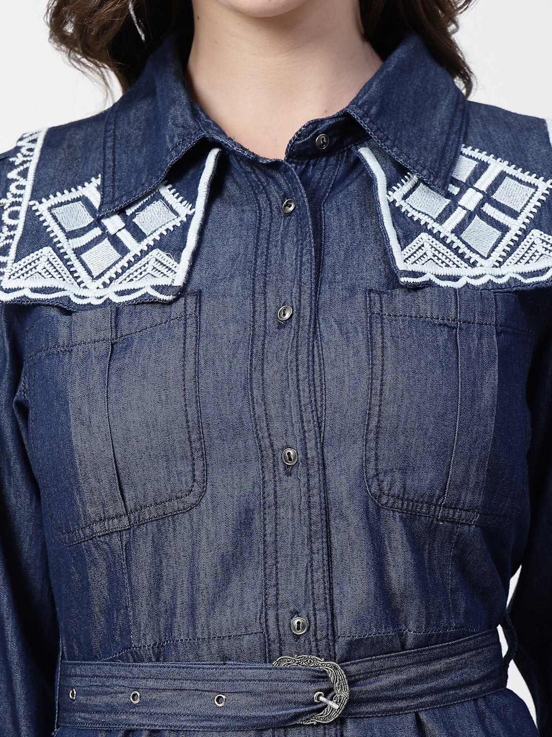 Ethnic Motifs Embroidered Denim Shirt Midi Dress