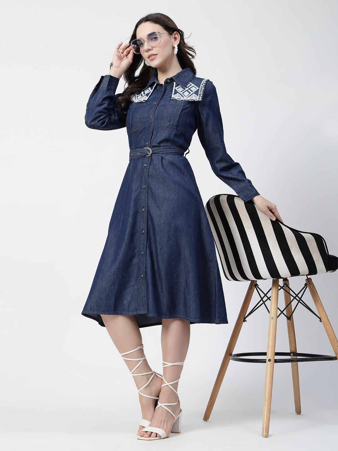 Ethnic Motifs Embroidered Denim Shirt Midi Dress
