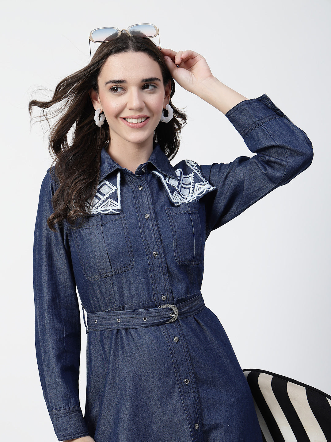 Ethnic Motifs Embroidered Denim Shirt Midi Dress