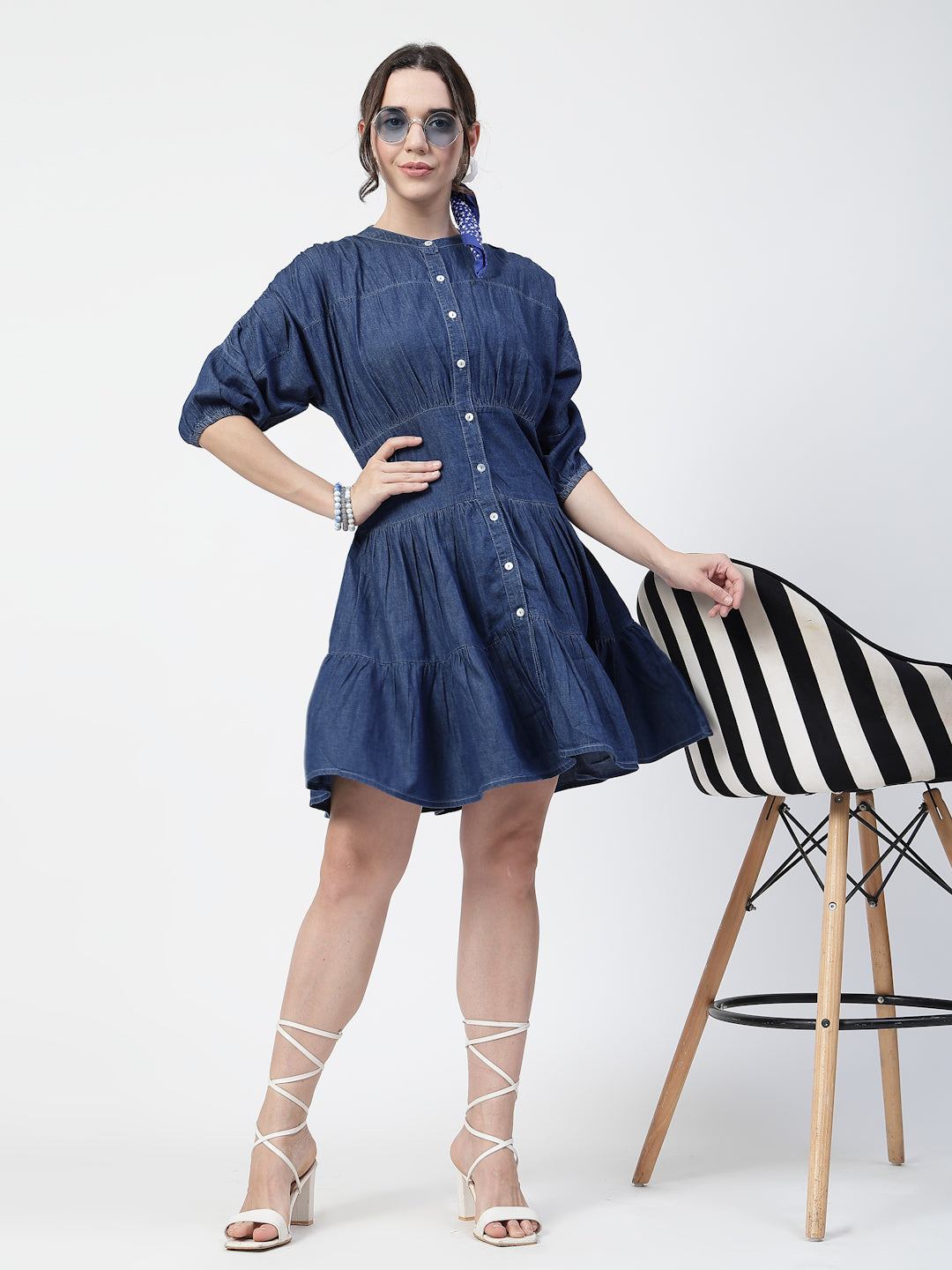 Round Neck Blue Denim Mini Dress with Short Puffed Sleeves