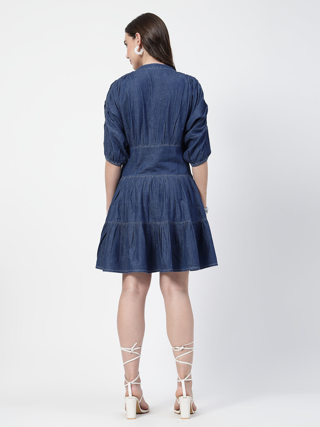 Round Neck Blue Denim Mini Dress with Short Puffed Sleeves