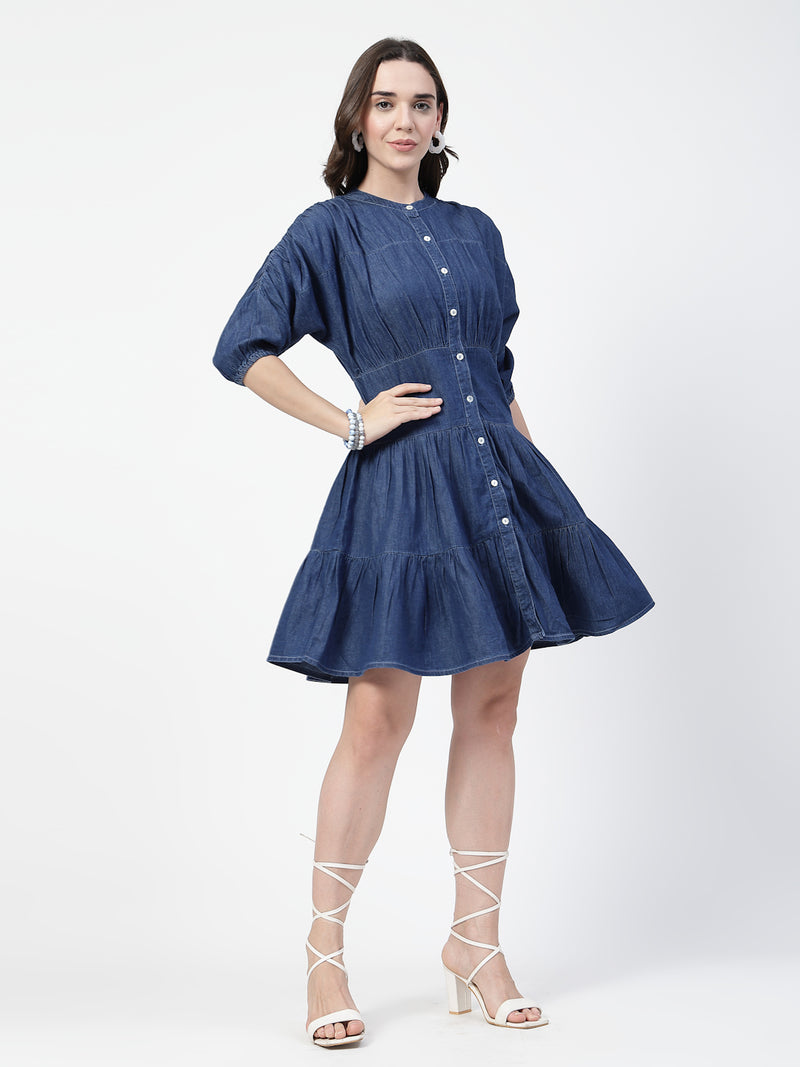 Blue Denim Fit & Flare Dress for Women – Smart Casual Wear