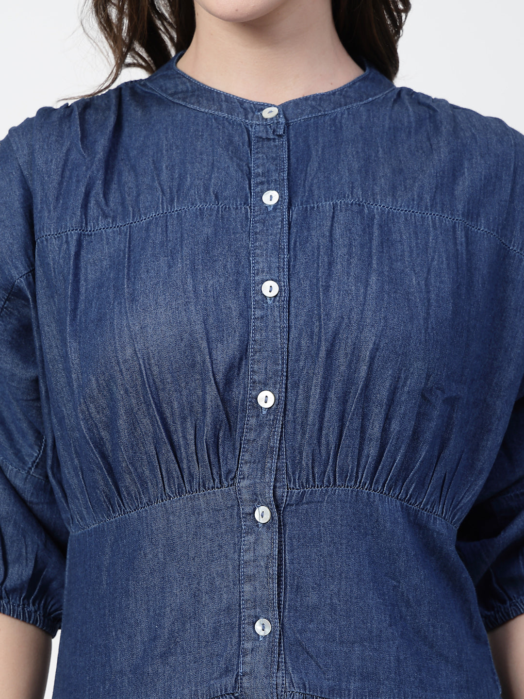 Round Neck Blue Denim Mini Dress with Short Puffed Sleeves