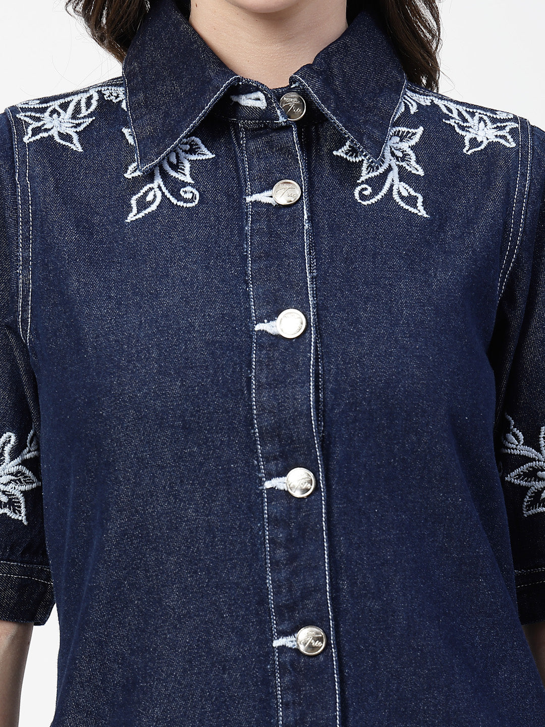 Dark Indigo Embroidered Carmen Short Dress