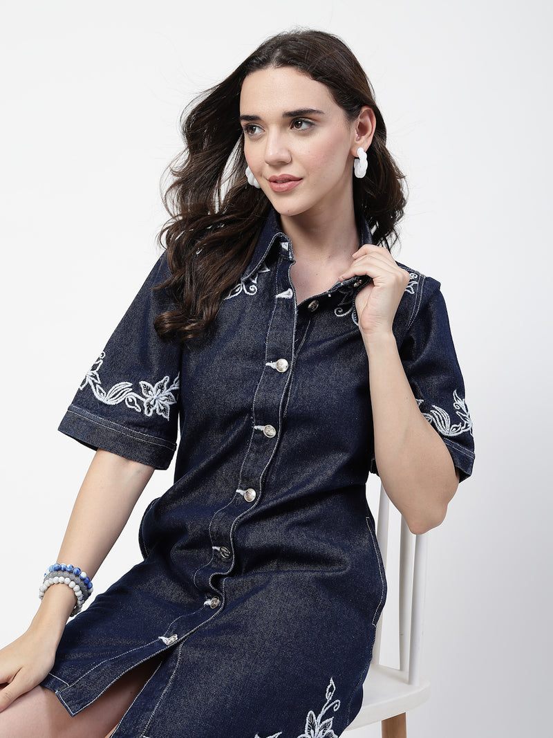 Dark Indigo Embroidered Carmen Short Dress