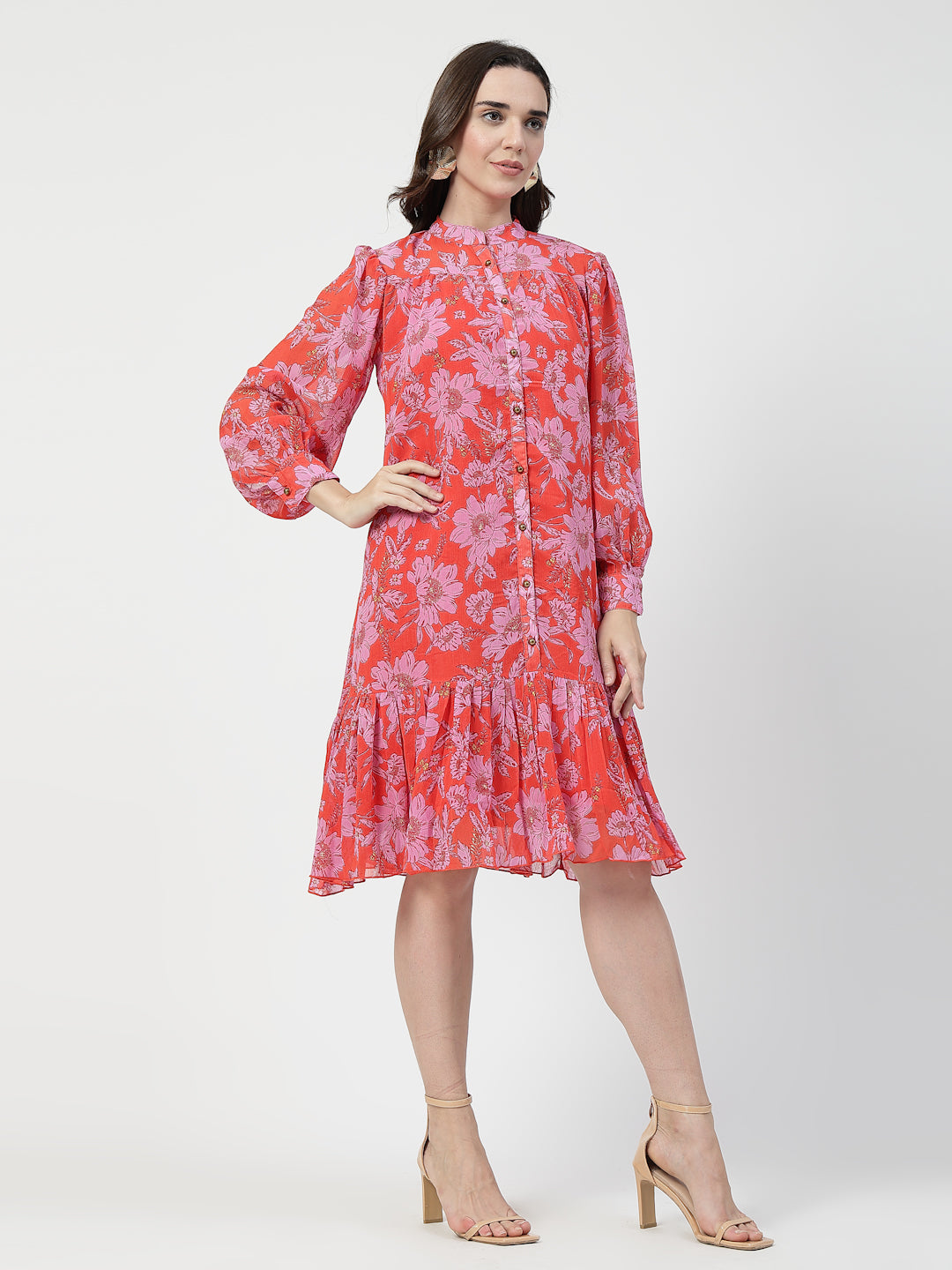 Red Floral Printed Fit & Flare Midi Dress