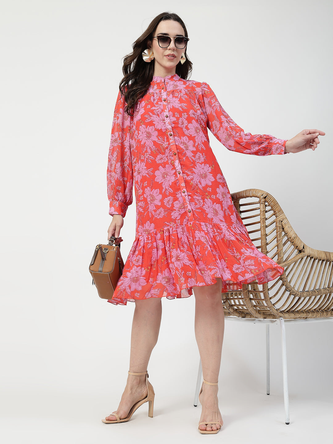 Red Floral Printed Fit & Flare Midi Dress