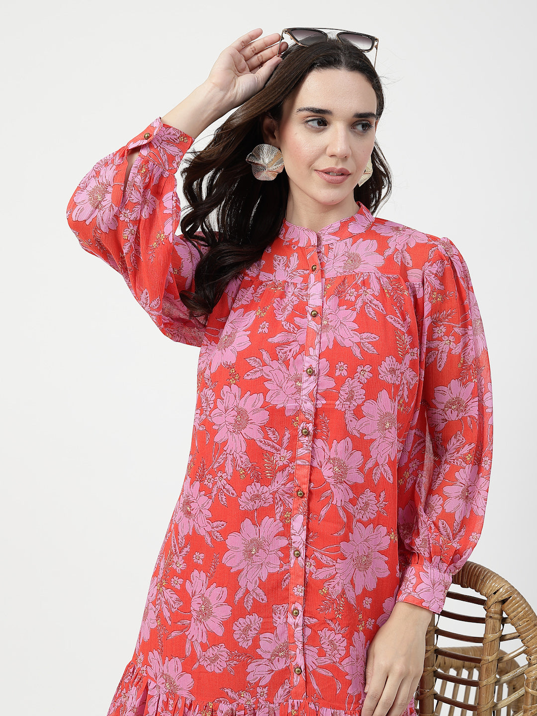 Red Floral Printed Fit & Flare Midi Dress