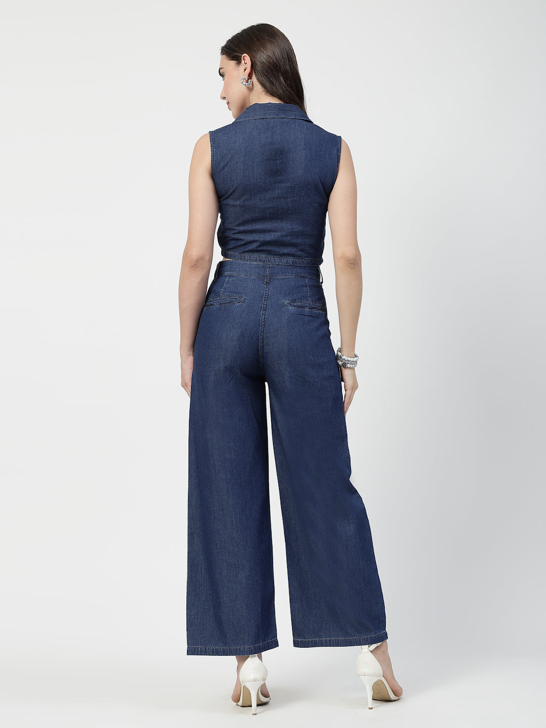 Blue Cotton Denim Co-Ord Set – Sleeveless Party Wear