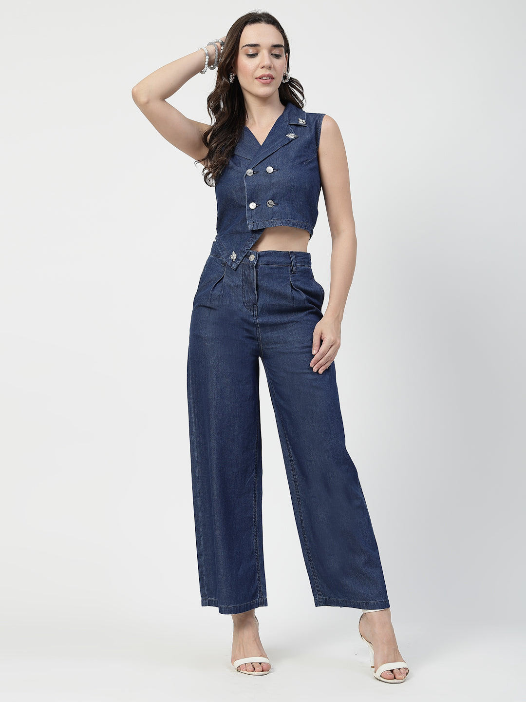Blazer Collar Blue Cotton Denim Western Co-Ord Set