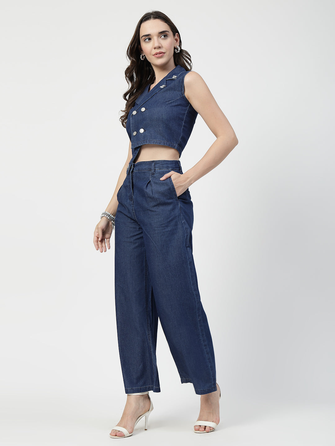 Blue Cotton Denim Co-Ord Set – Sleeveless Party Wear