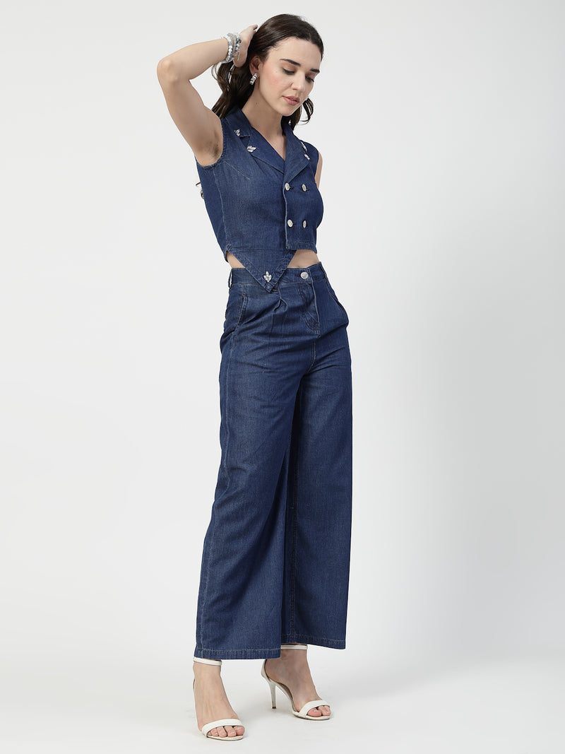 Blue Cotton Denim Co-Ord Set – Sleeveless Party Wear