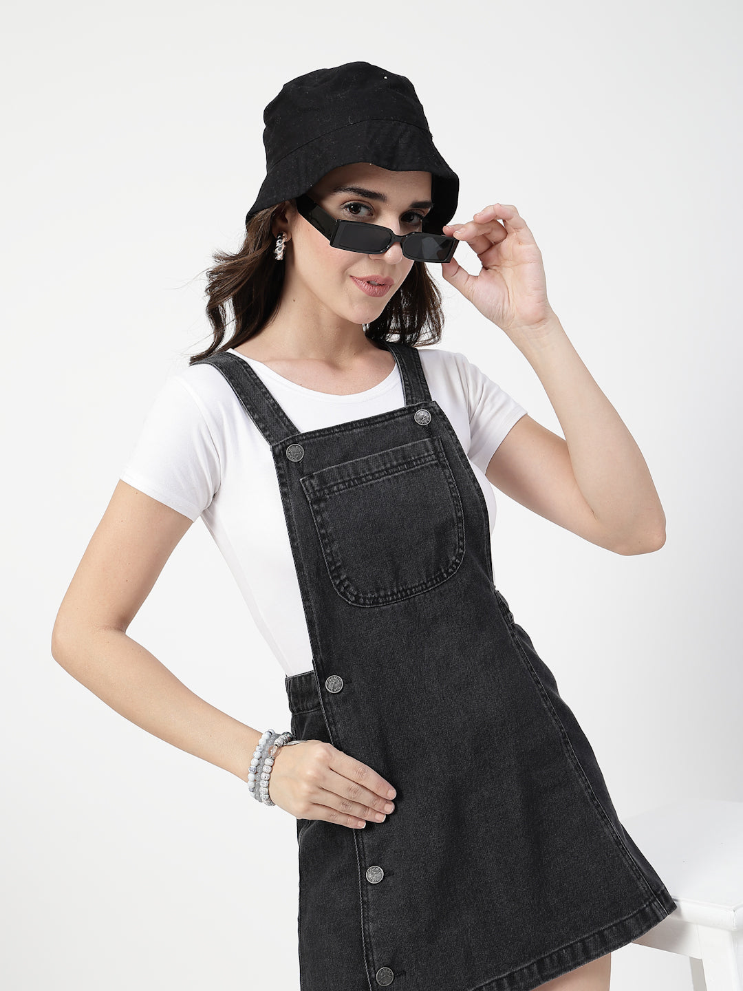 Women's Black Cotton Denim Dungaree