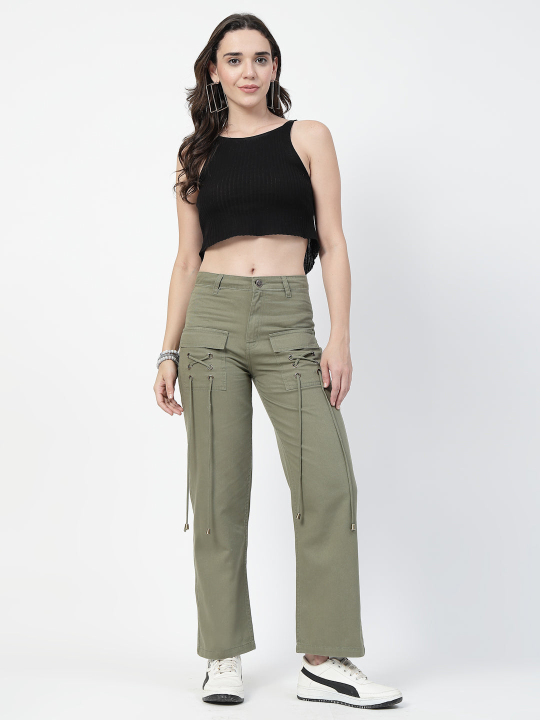 Women Olive Green Straight Fit Jeans
